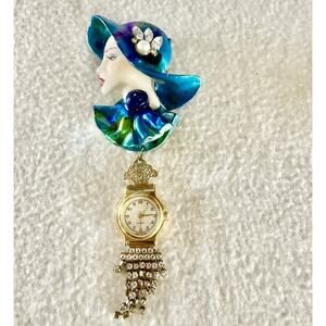 Vtg Bonetto Bisque Girl Rhinestones Avalon Brooch Watch Korea